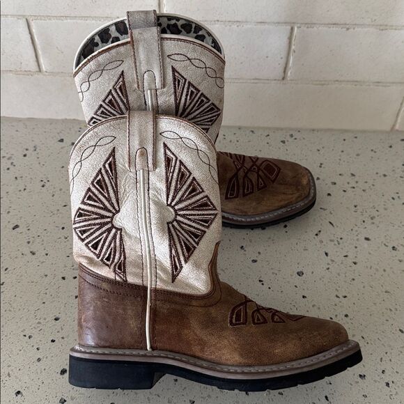 Dan Post Youth Cream and Brown Leather Western Boots Pull On Children’s Size 2 D - Picture 10 of 12